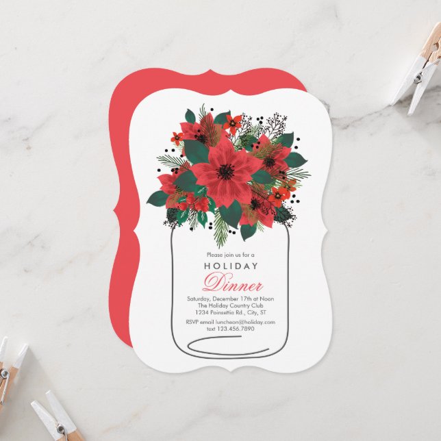 Mason Jar Poinsettia Holiday Dinner Invitation (Front/Back In Situ)