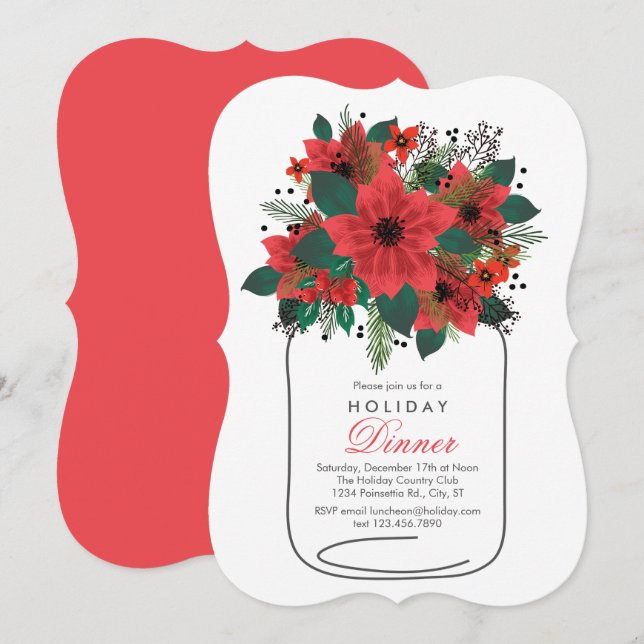 Mason Jar Poinsettia Holiday Dinner Invitation (Front/Back)