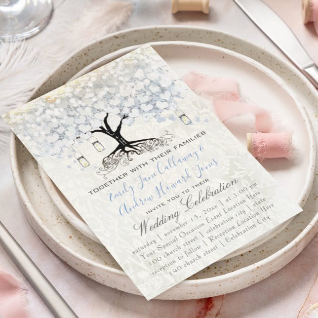 Mason Jar Powder Blue Heart Leaf Tree Damask Invitation (Creator Uploaded)