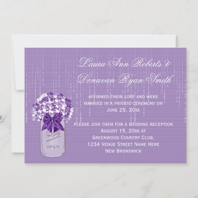 Mason Jar Purple and White Floral Reception Only Invitation (Front)