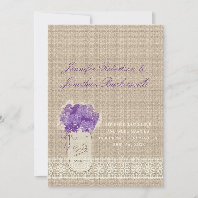 Mason Jar Purple Flowers Lace Post Wedding Invitation (Front)