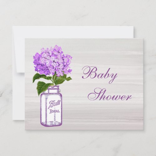 Mason Jar &amp; Purple Hydrangea Chic Grey Baby Shower Announcements