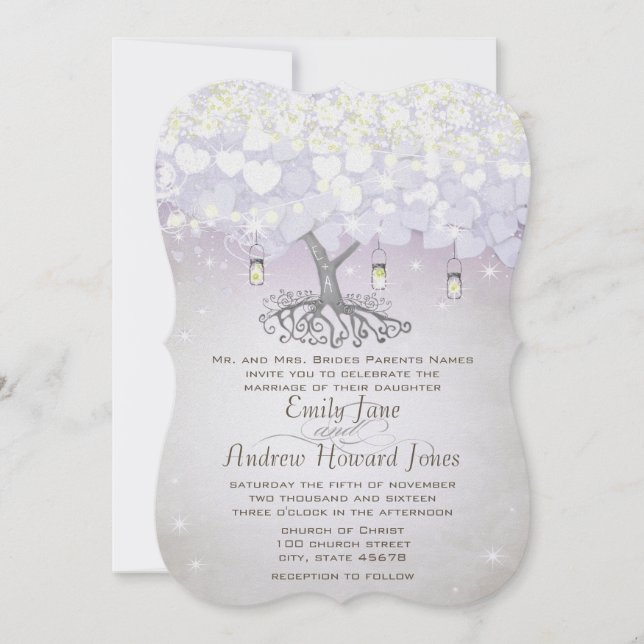 Mason Jar Purple Lavender Heart Leaf Tree Wedding Invitation (Front)