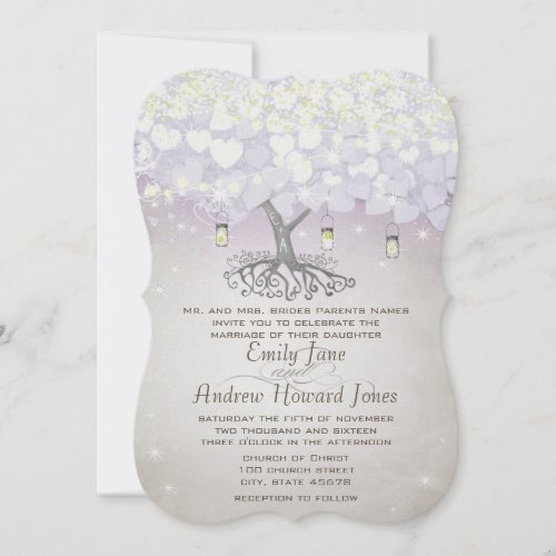 Mason Jar Purple Lavender Heart Leaf Tree Wedding Invitation
