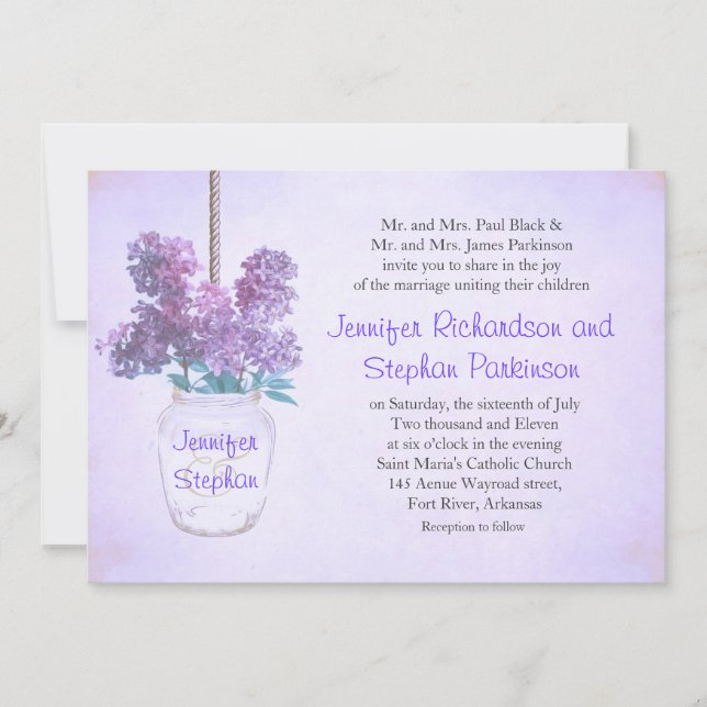 mason jar & purple lilac bunch wedding invitation (Front)