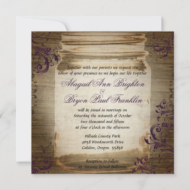 Mason Jar Purple Square Wedding Invitation (Front)