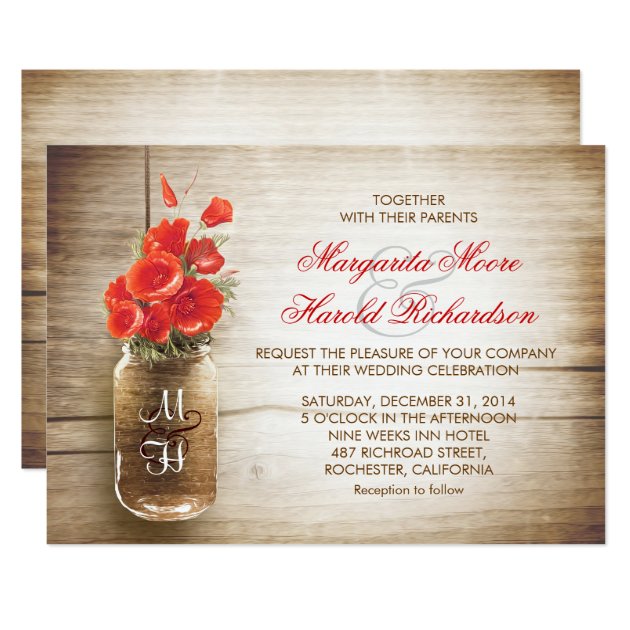 Mason Jar & Red Color Flowers Wedding Invites