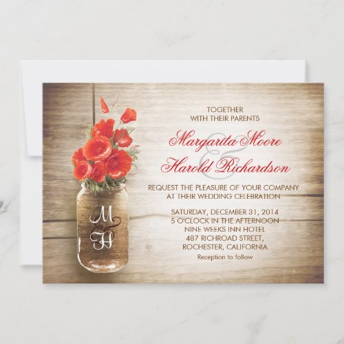 Mason jar &amp; red color flowers wedding invites