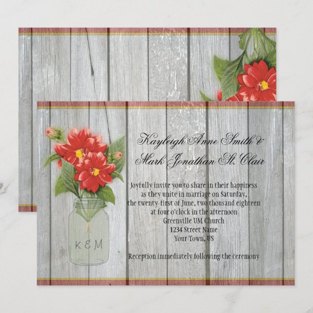 Mason Jar Red Dahlias Barn Wood Invitations (Front/Back)