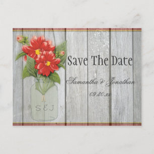 Mason Jar Red Dahlias Barn Wood Save The Date Announcement Postcard
