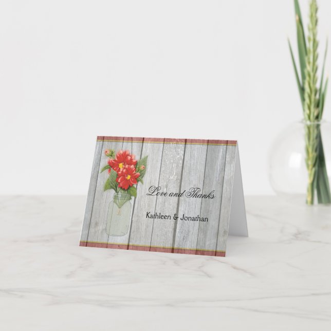 Mason Jar Red Dahlias Barn Wood Thank You Card (Front)