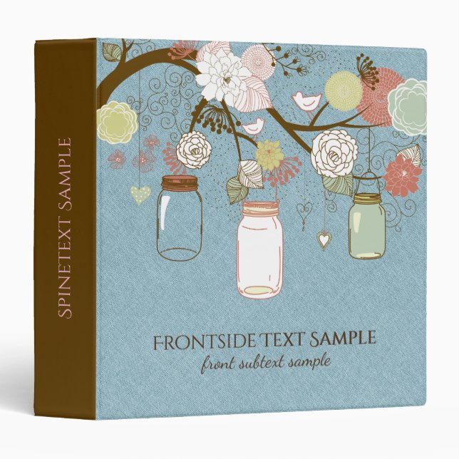 Mason Jar & Retro Flowers Blue Linen 3 Ring Binder (Front/Spine)