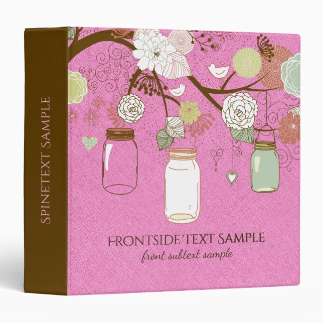 Mason Jar & Retro Flowers Pink Linen 3 Ring Binder (Front/Spine)