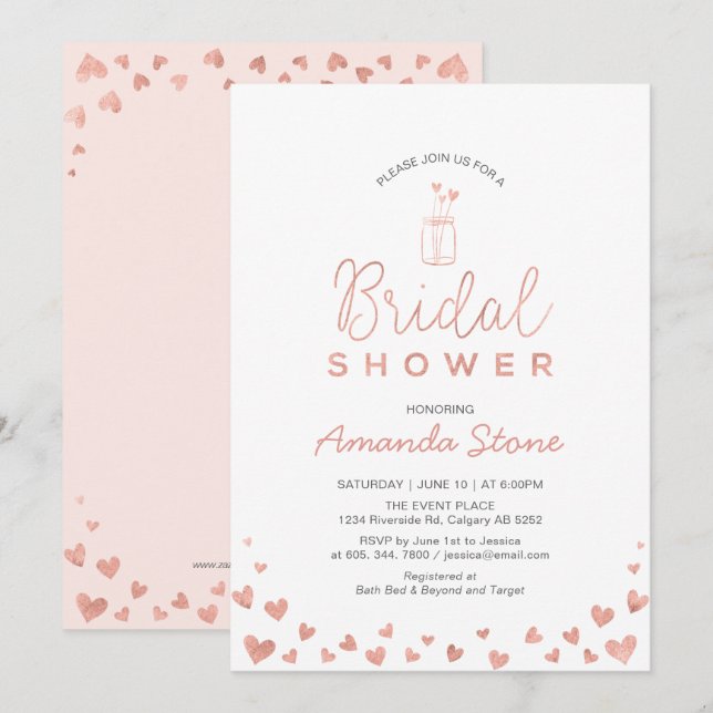 Mason Jar, Rose Gold & Blush Pink Bridal Shower Invitation (Front/Back)