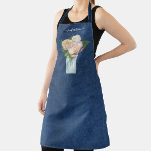 Mason Jar Rose Peony Floral Blush Navy Blue w Name Apron