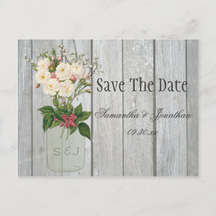 Mason Jar Roses Rustic Barn Wood Save The Date Announcement Postcard