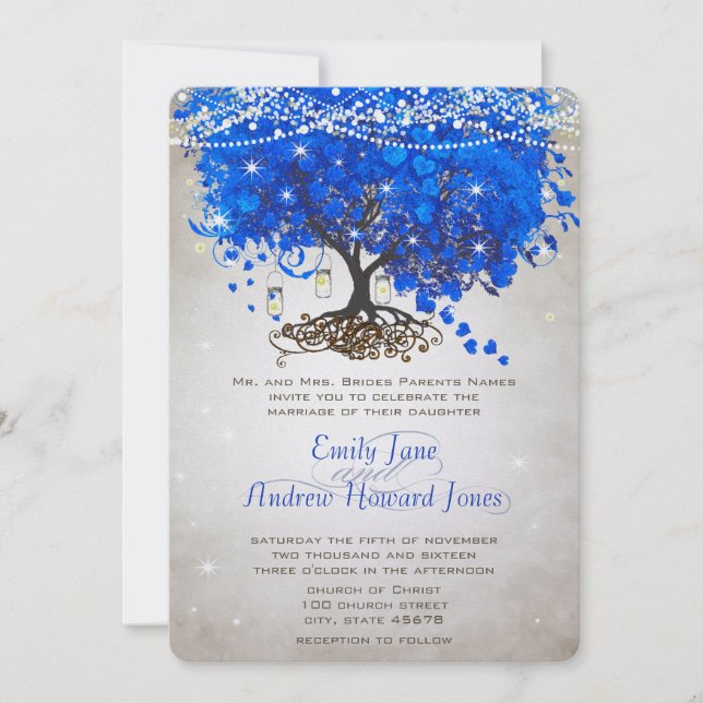 Mason Jar Royal Blue Heart Leaf Tree Wedding Invitation (Front)