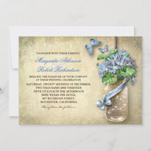 mason jar rustic aged floral wedding invitation