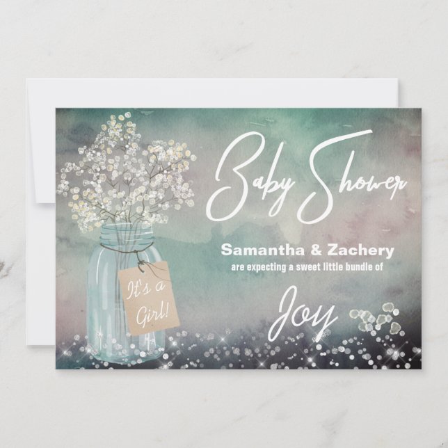 *~* Mason Jar Rustic  Baby Breath Baby Shower Invitation (Front)