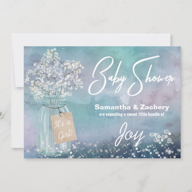 *~* Mason Jar Rustic Baby Shower Baby Breath Invitation (Front)