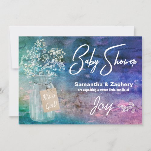 *~* Mason Jar Rustic Baby&#39;s Breath Baby Shower Invitation