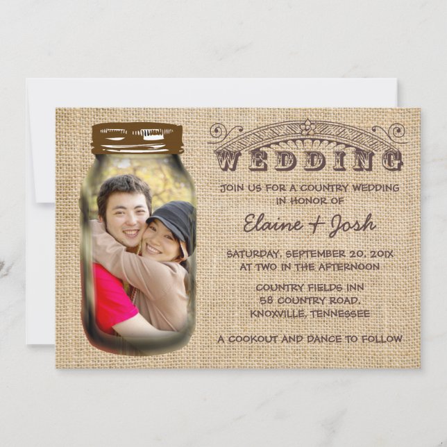 Mason Jar Rustic Burlap Country Wedding Invitation (Front)