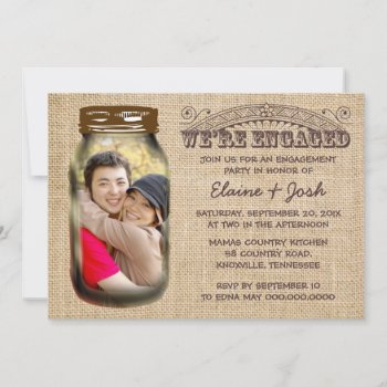 Mason Jar Rustic Burlap Engagement Party Invitation by PineAndBerry at Zazzle