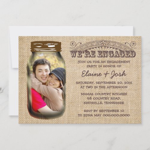 Mason Jar Rustic Burlap Engagement Party Custom Invitation