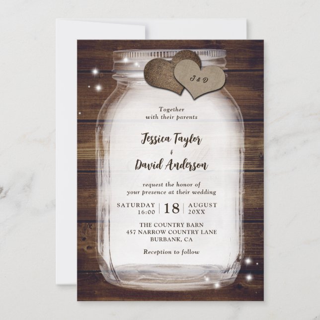 Mason Jar Rustic Burlap Hearts Barn Wood Wedding Invitation (Front)
