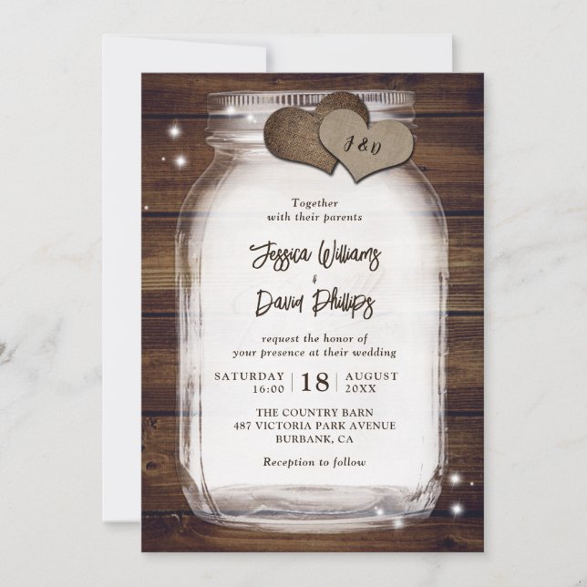 Mason Jar Rustic Burlap Hearts Barn Wood Wedding Invitation (Front)