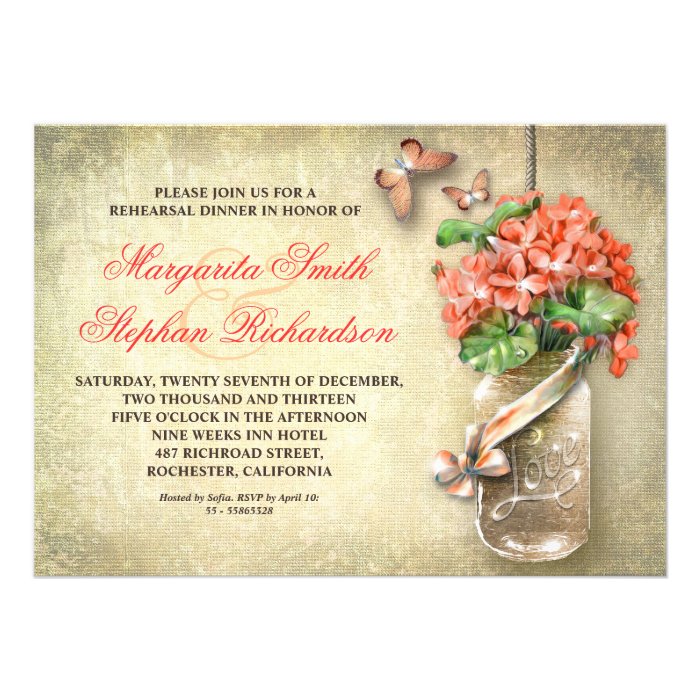 mason jar rustic burlap rehearsal dinner invites