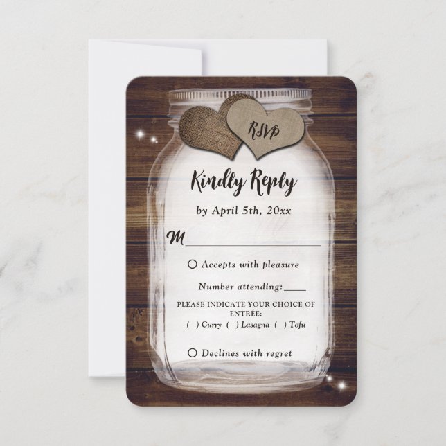 Mason Jar Rustic Country Barn Wood Wedding Meal RSVP Card (Front)