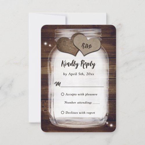 Mason Jar Rustic Country Burlap Heart Wedding RSVP