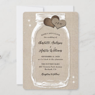 Mason Jar Rustic Country Burlap Wedding Invitation
