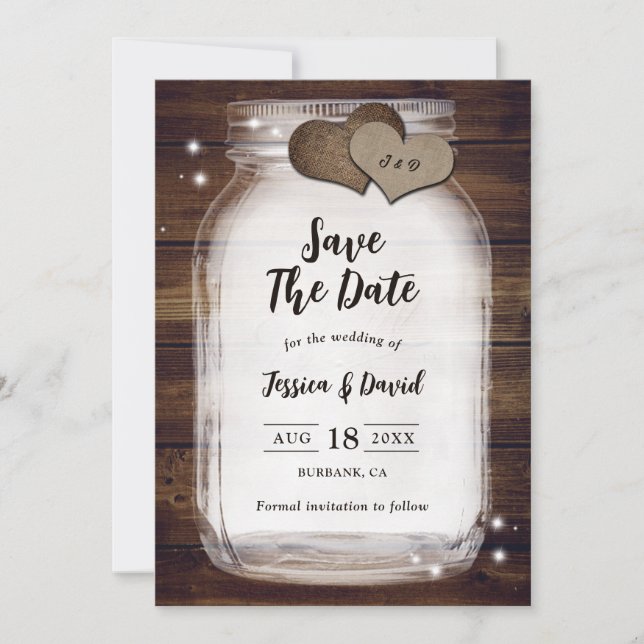 Mason Jar Rustic Country Heart Barn Wood Wedding Save The Date (Front)