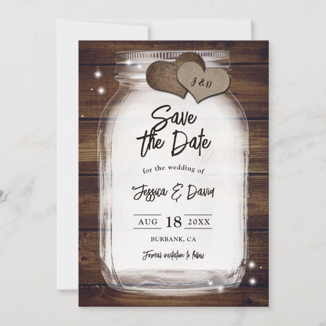 Mason Jar Rustic Country Heart Barn Wood Wedding Save The Date (Front)