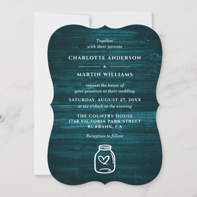 Mason Jar Rustic Country Teal Wood Wedding Invitation (Front)