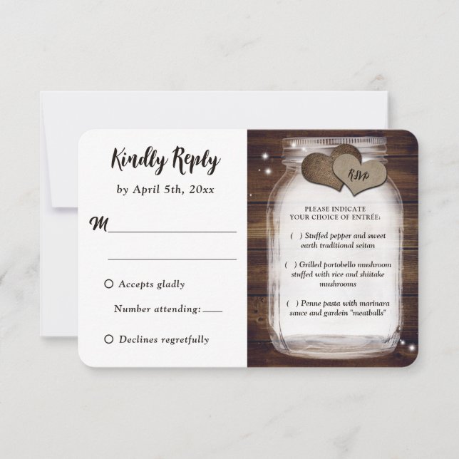 Mason Jar Rustic Country Wedding Meal Choice RSVP Card (Front)