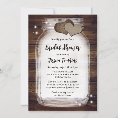 Mason Jar Rustic Country Wood Burlap Bridal Shower Invitation