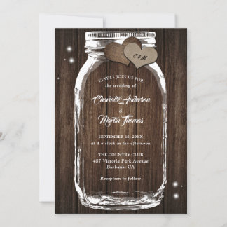 Mason Jar Rustic Country Wood Burlap Heart Wedding Invitation