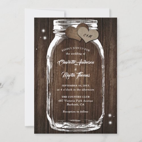 Mason Jar Rustic Country Wood Burlap Heart Wedding Invitation