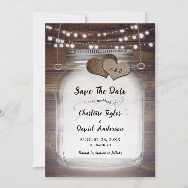 Mason Jar Rustic Country Wood Wedding Save The Date (Front)