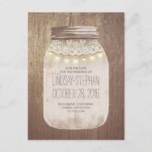 Mason Jar Rustic Lace  Lights Save The Date Announcement Postcard