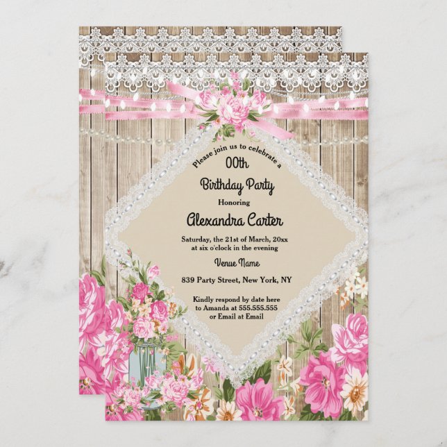 Mason Jar Rustic Pearl String Lights Floral Pink Invitation (Front/Back)
