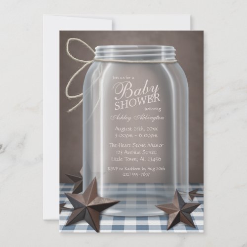 Mason Jar Rustic Stars Blue Gingham Baby Shower Personalized Invitation