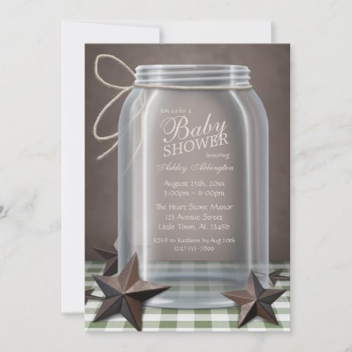 Mason Jar Rustic Stars Green Gingham Baby Shower Personalized Invitations