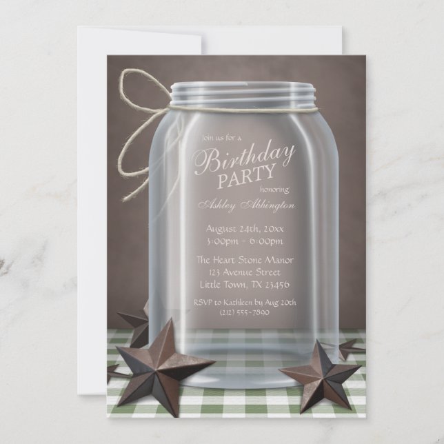Mason Jar Rustic Stars Green Gingham Birthday Invitation (Front)