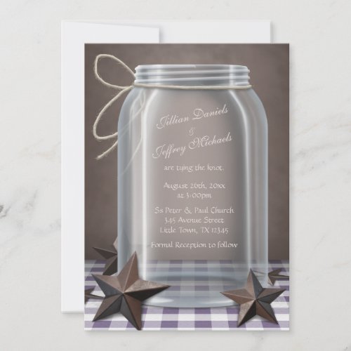 Mason Jar Rustic Stars Purple Gingham Wedding Personalized Invitations