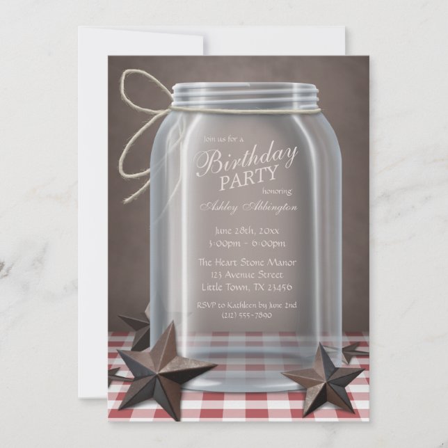 Mason Jar Rustic Stars Red Gingham Birthday Invitation (Front)