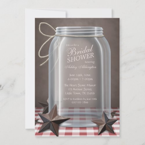 Mason Jar Rustic Stars Red Gingham Bridal Shower Custom Invite